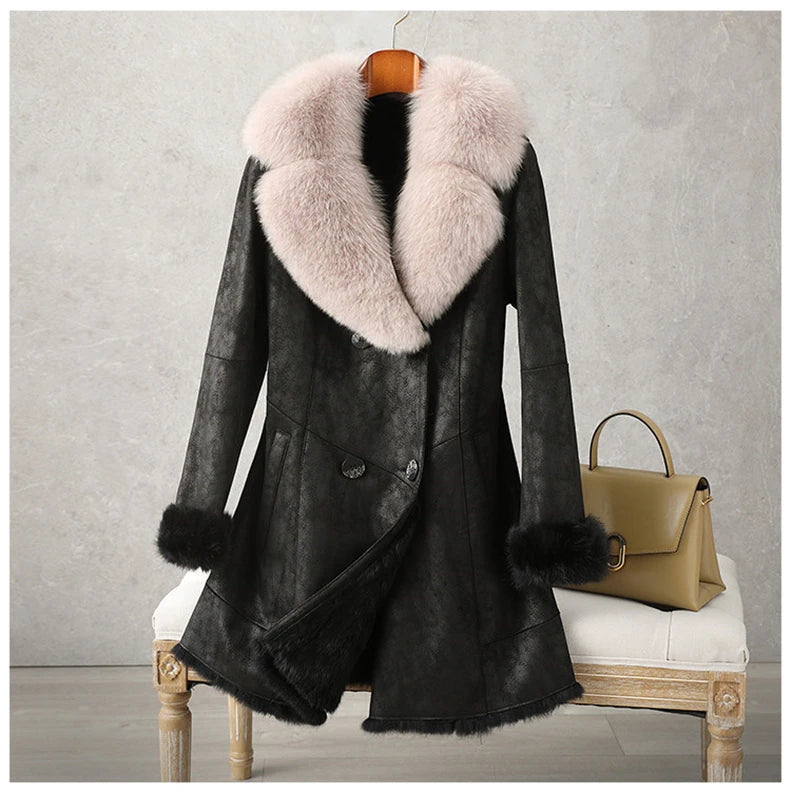 Aorice Women Real Rabbit Leather With Fur Coat Jacket Brand New Female Winter Fox Collar Trench Parka CT189