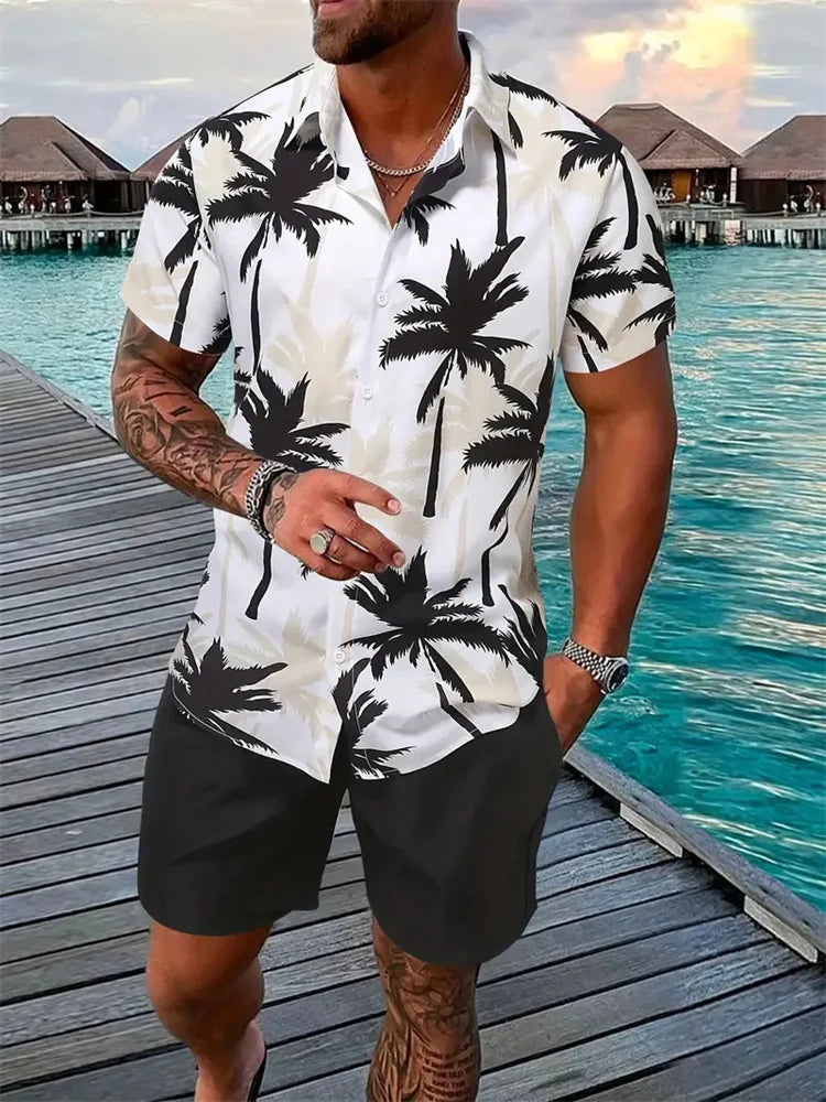 2024 Men's Shirt Shorts Set Two Piece 3D Leaf Print Men's Shirt Short Sleeve Casual Beach Pants Street Vacation Hawaiian Style