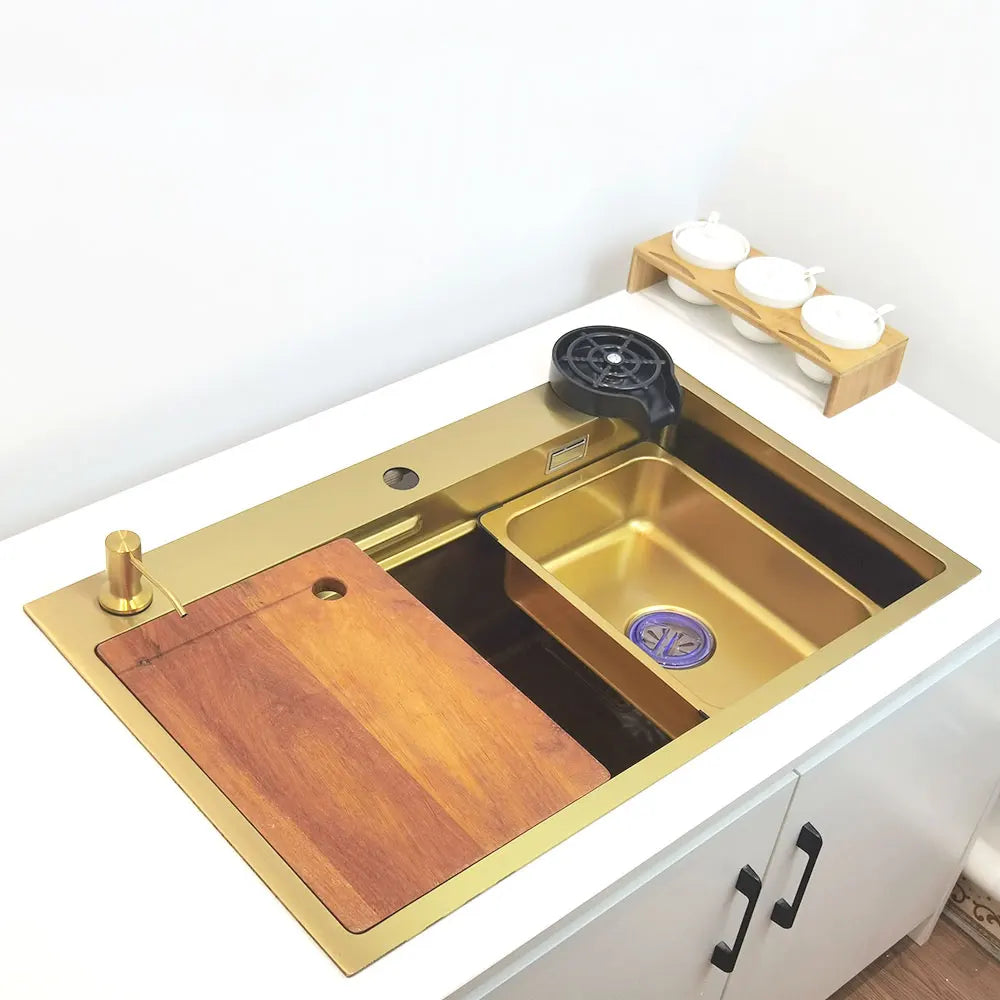 Gold Waterfall Faucet Kitchen Sink Nano Sink 304 Stainless Steel Golden Topmount Single Bowl Wash Basin 4 Function Kitchen Faucet