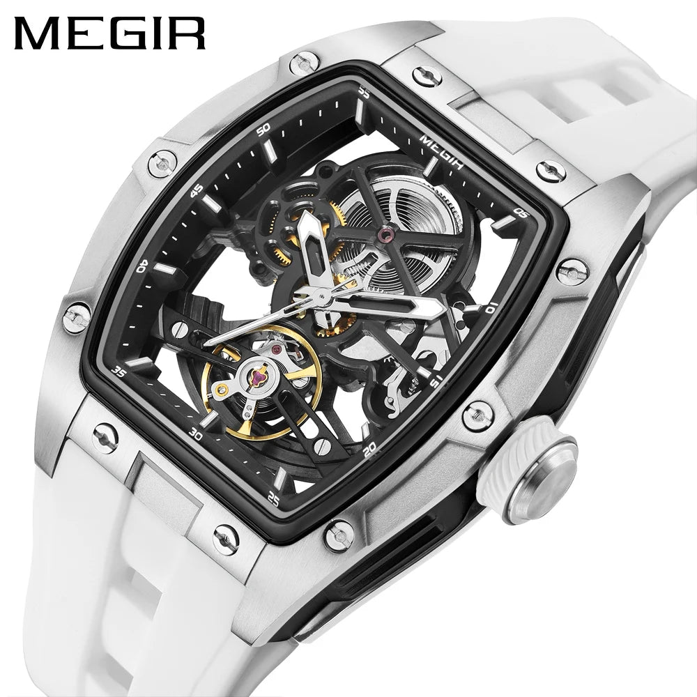 MEGIR Tonneau Skeleton Mechanical Watch Men Sport Wristwatch Silicone Strap Luxury Hollow Dial Male Automatic Mechanical Watches
