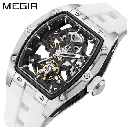 MEGIR Tonneau Skeleton Mechanical Watch Men Sport Wristwatch Silicone Strap Luxury Hollow Dial Male Automatic Mechanical Watches