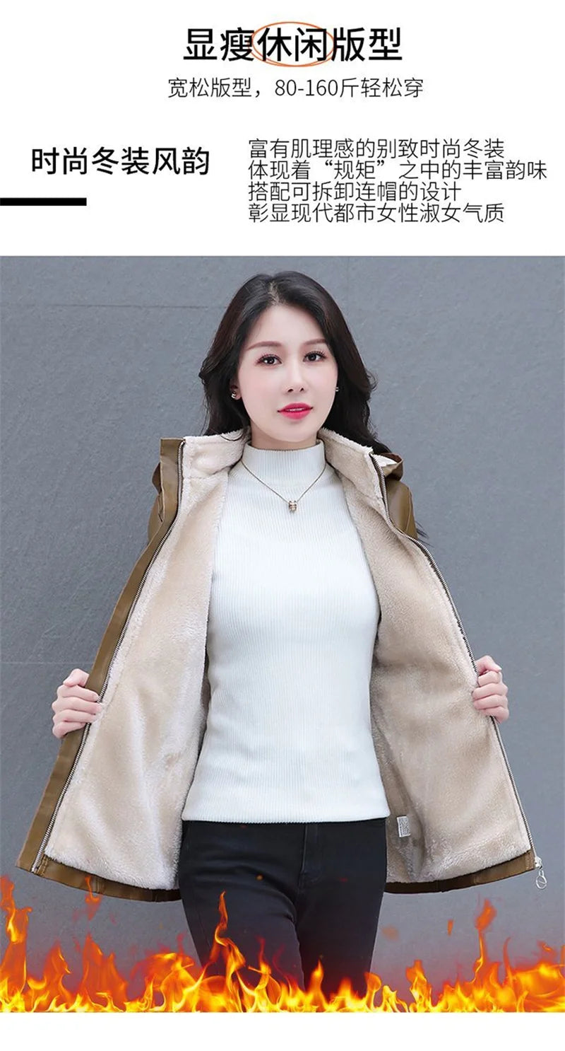 Winter Coat New Fashion Soft Leather Clothes Women's Long Sheep Leather Jacket Plus Velvet Padded Warm Coat