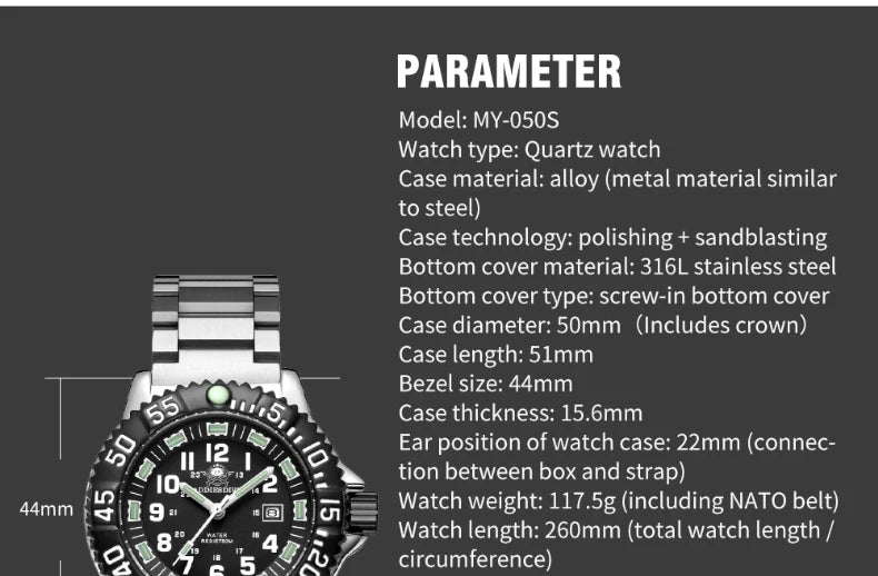 Addies Dive Men Fashion Casual Watch Calendar Display 50m Waterproof Tube Luminous Watch Black Dial Rotating Bezel Quartz Watch