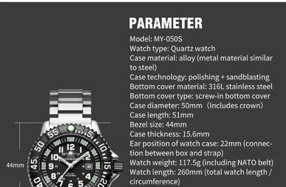 Addies Dive Men Fashion Casual Watch Calendar Display 50m Waterproof Tube Luminous Watch Black Dial Rotating Bezel Quartz Watch