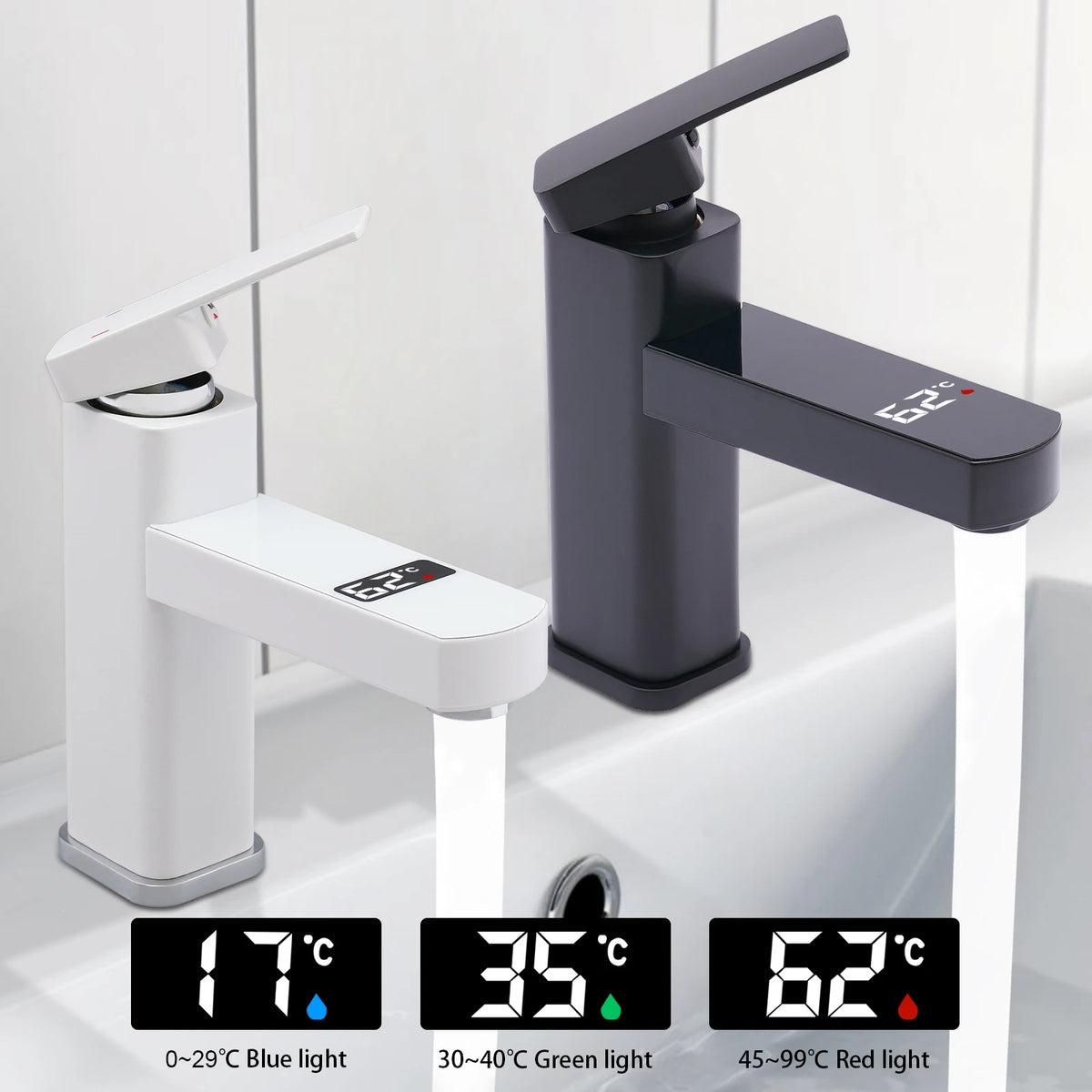 Black And White Washbasin Faucet, Bathroom Kitchen Single Pole Faucet With Digital Display Screen
