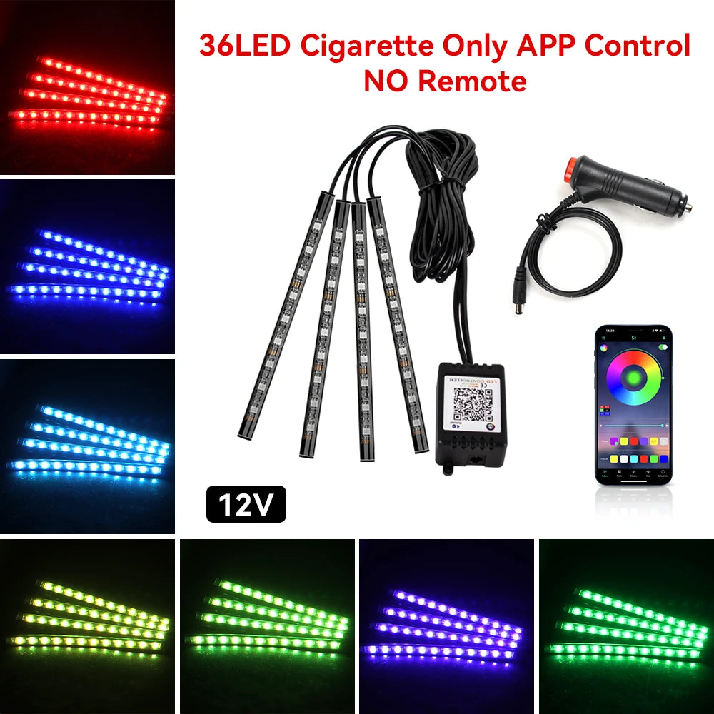 Neon 36 48 72 LED Car Interior Ambient Foot Light Kit Backlight Remote App Music Control Auto RGB Atmosphere Decorative Lamp
