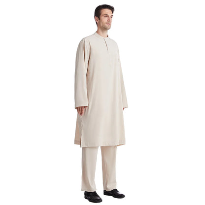 Muslim Men Jubba Thobe 2 Pice Set Top with Pant Mens Abaya Long Islamic Eid 2025 Ramadan Long Robe Saudi Wear Caftan Dubai Arab