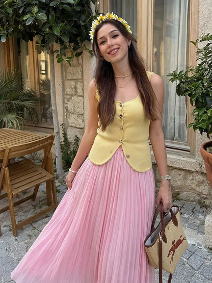 HH Women Elastic Waist Pleated Maxi Skirt Flowy A Line Pleated Long Skirt In Yellow White Pink For Spring Summer Beach Vacation