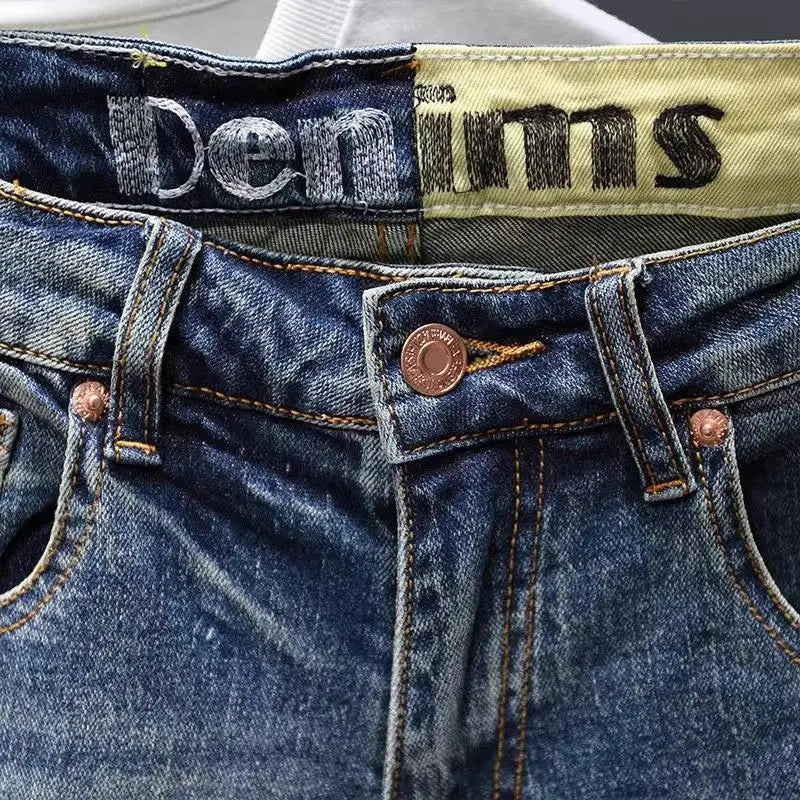 Summer Trendy Brand Handsome Denim Shorts Men's Washed Embroidered Patch Trendy Short Pants Ripped Slim-fit Elastic Middle Pants