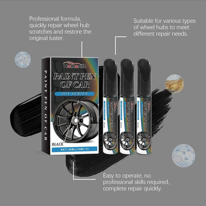 3pcs Black Alloy Wheel Scratch Repair Pen Set Professional Car Rim Scuff Remover DIY Touch-Up Paint Kit for Gloss Black Wheels