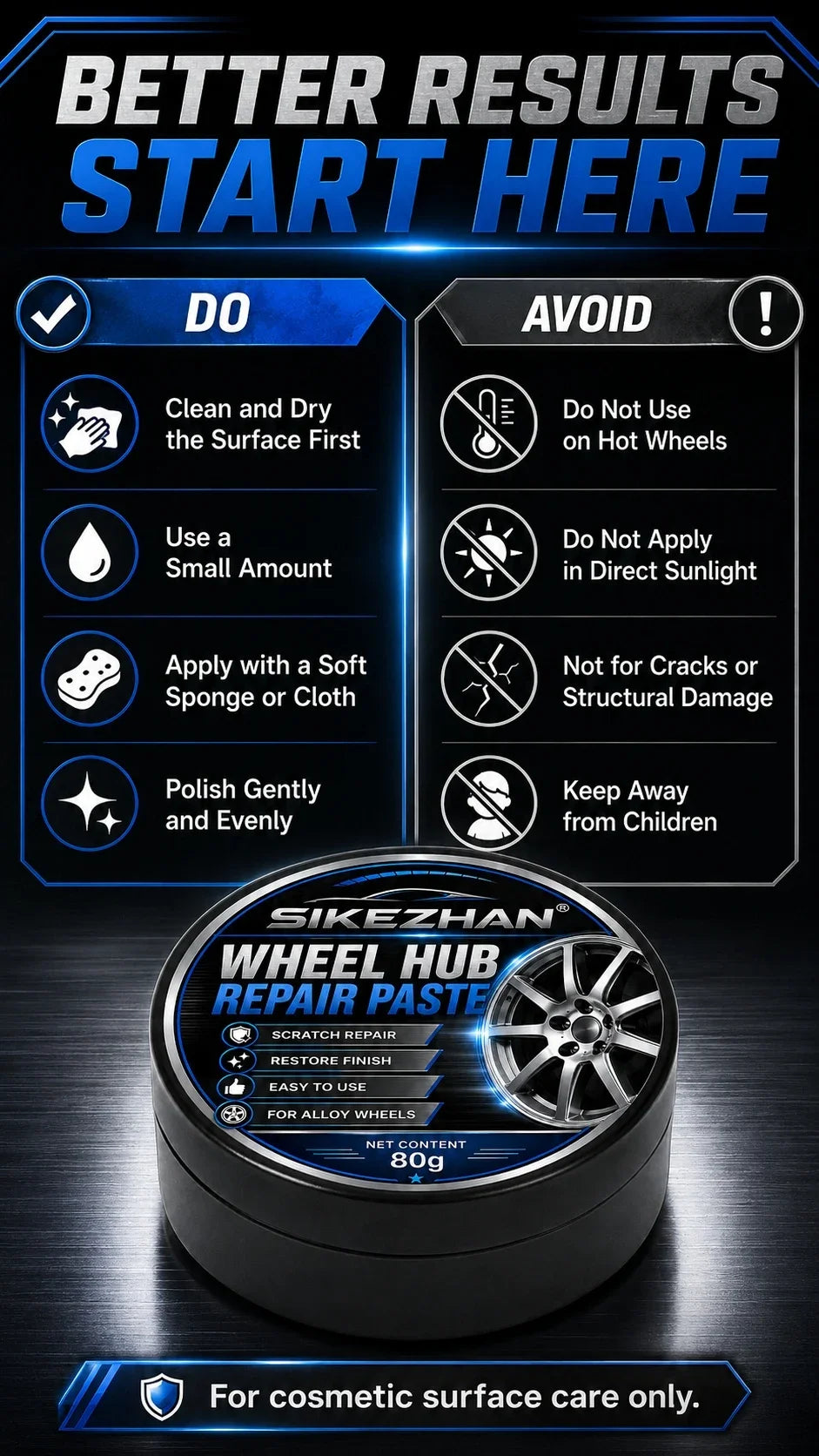 Car Wheel Hub Repair Paste, Scratch & Oxidation Remover, Color Restorer & Polish Wax Cleaner for Alloy Chrome Rims & Tires (80g)
