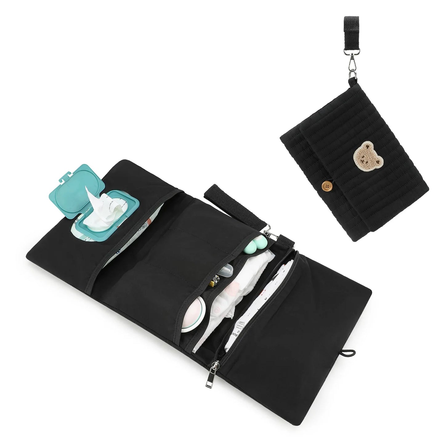 Foldable Hanging Diaper Organizer Bag - Multi-Compartment Essentials Storage Pouch with Wipe Holder & Diaper Pocket