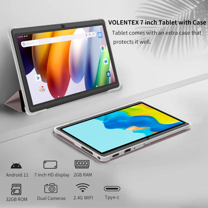 Pritom 7 Inch Tablet PC, Quad Core Android 13, 4GB(2+2GB Virtual) RAM 32GB ROM, WiFi, Dual Camera, USB C, with Leather Case