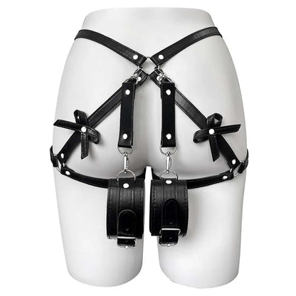 Women's Sexy Bow PU Leather Thigh Garter Harness BDSM Bondage Lingerie with Butt Wear And Suspender Belt Waist-To-Leg Adult Sex
