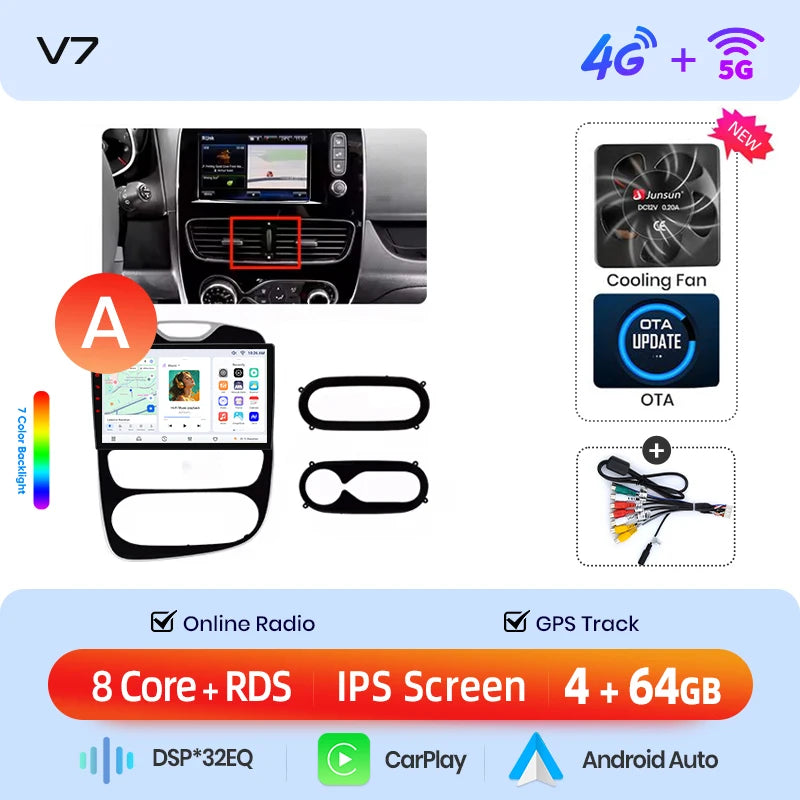Junsun Wireless CarPlay Android Auto Car Radio for Renault Clio 4 2012- 2017 2 DIN Multimedia Stereo with Built-in Cooling Fan GPS Navigation SWC Bluetooth FM RDS DSP IPS Screen Car Intelligent Systems 4G WiFi 8 Core