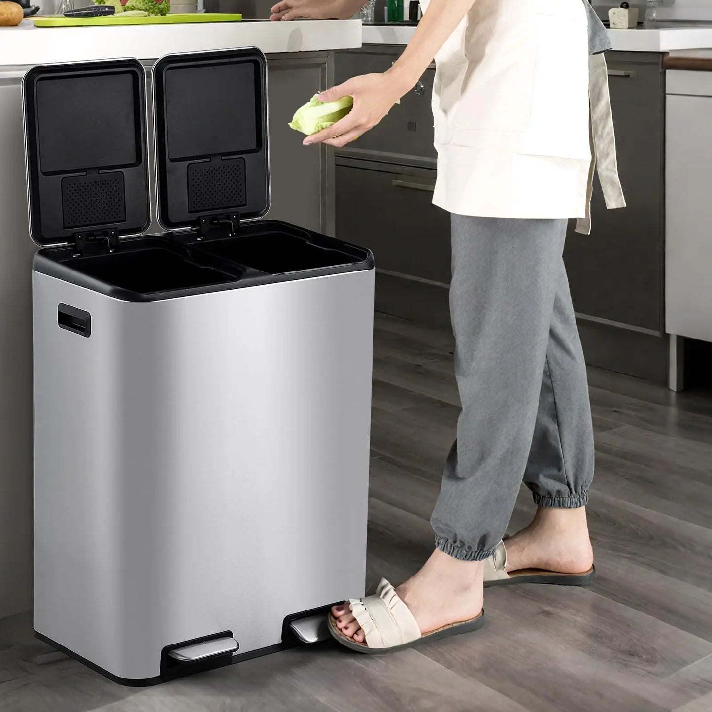 2 * 30L Stainless Steel TrashCan Dual Classification Foot Pedal Bins - Soft Close Lid/Removable Liner Buckets Recycling Solution