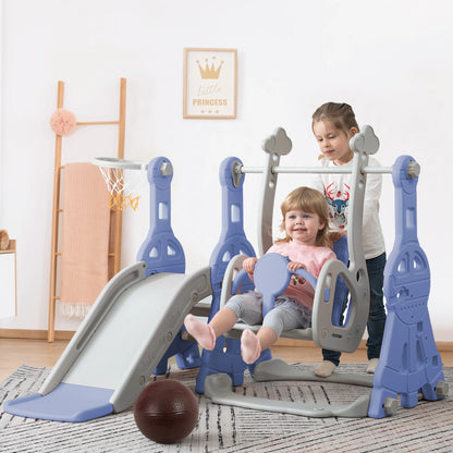 Anajqaqia 4-in-1 Children's Slide and Swing Set with Climbing Ladder & Basketball Hoop, Indoor Outdoor Toddler Play Centre, Blue