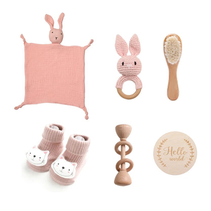 Newborn Baby Bath Set with Double Sided Cotton Blanket Face Saliva Towel Crochet Rattle Toy Wool Brush,Gift Box for Baby Shower