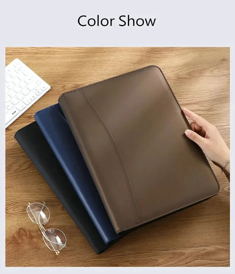 Executive Business A4 Leather Portfolio Folder Clipboard for Zippered Desk Organizer Document Briefcase Calculator for Office