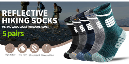 5 Pairs Merino Wool Hiking Reflective Socks Outdoor Night Men&Women Trail Running Cycling Trekking Moisture Wicking Cushion Crew Socks