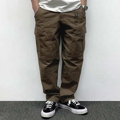 Autumn Men's Pants Multi-Pocket Cargo Pants Retro Solid Color Simple Loose Button Elastic Strap Casual Pants