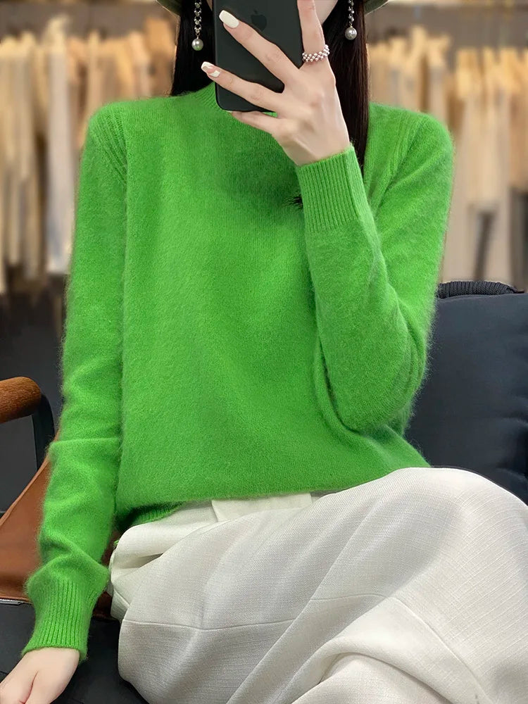 100% Mink Cashmere Sweater Women's Half High Collar Pullover Long Sleeve Cashmere Knitwear Fashion Autumn Winter Female Clothing