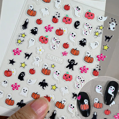 1sheet 5D Halloween Nail Stickers Pink/Green/Black Cartoon Pattern Nail Art Slider DIY For Sweet Cool Girl Cute Nail Decoration