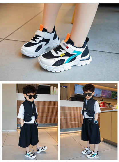 Kid Sneakers Sport Shoes for Boys Fashion Leather Children Breathable Mesh Comfort Shoes Casual Walking Outdoor Running Shoes