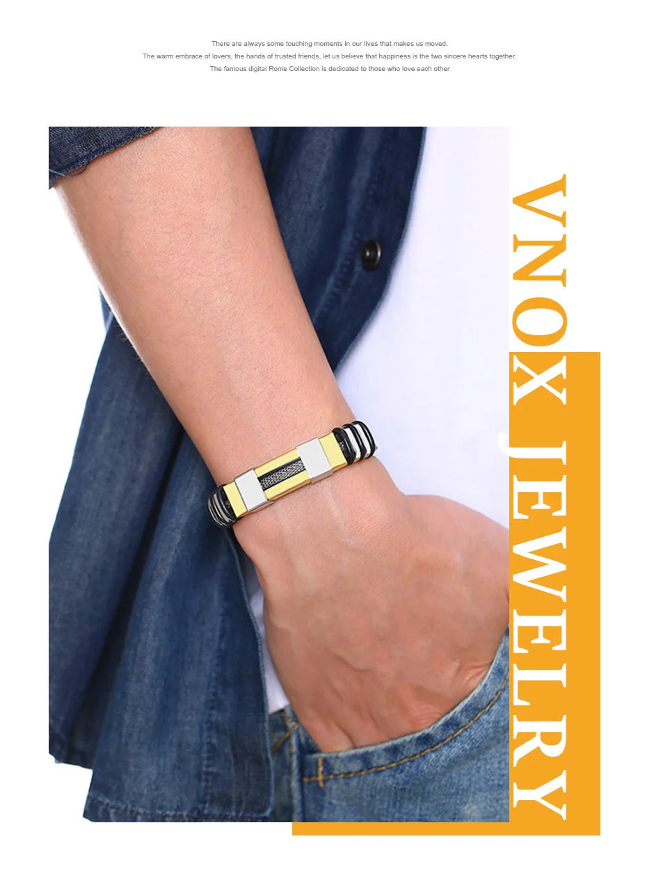Vnox Stainless Steel Bracelet Men Wrist Band Black Grooved Rudder Silicone Mesh Link Insert Punk Wristband Stylish Casual Bangle