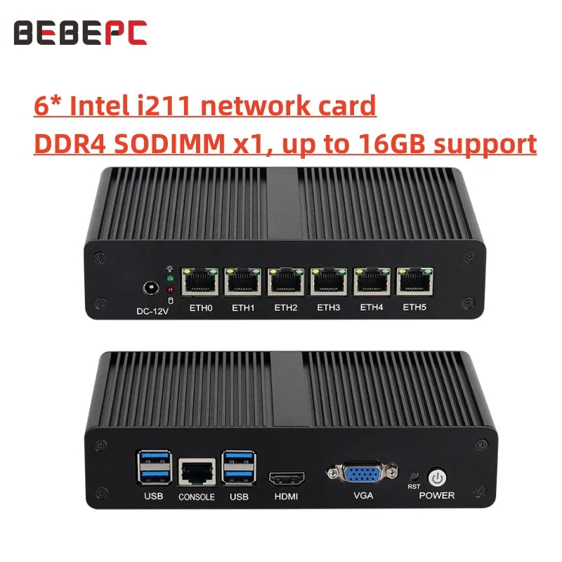 BEBEPC Fanless Mini PC Intel 4415U 6*LAN i211 NICS 1*RS232 3/4G Module Pfsense Firewall Soft Router VPN Sever Linux Win11 Pro