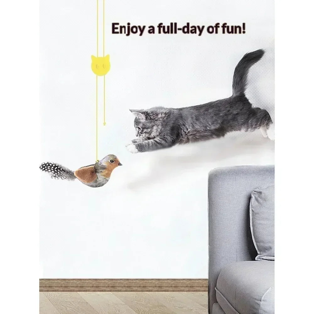 Bird Sound Cat Toy Brown Green Blue Color Options and Combination Set Plush Feather Hanging Teaser for Indoor Cats Chasing Play