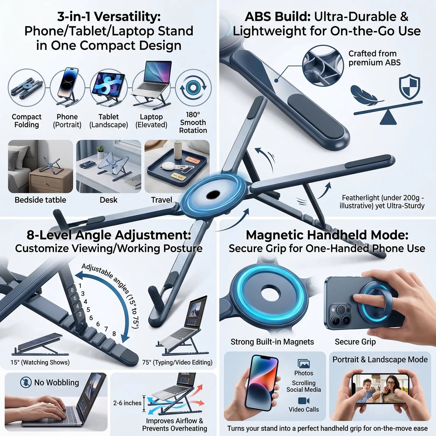 Foldable Magnetic Laptop Stand ABS Plastic Portable Adjustable Stand Heat Dissipation Holder for Smart Phone Tablet Notebook