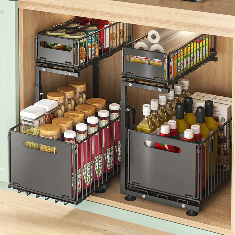 2 Tier Pull Out Cabinet Organizer Adjustable Under Sink Storage Rack Slide Out Drawer Kitchen Spice Jar Storage Shelf