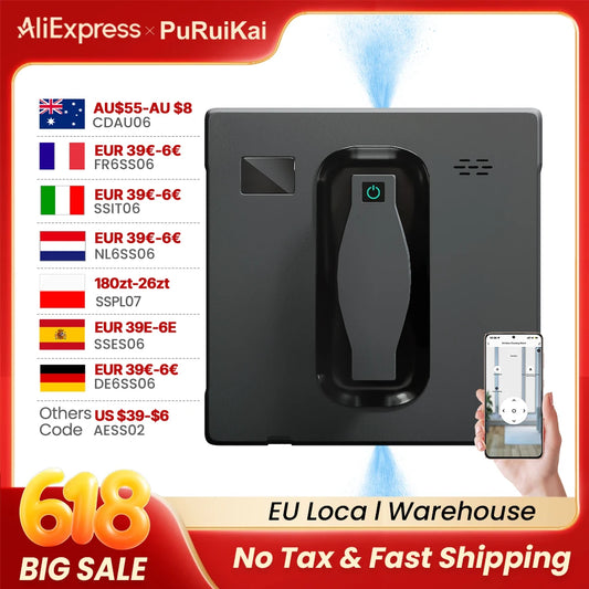 PuRuiKai Robot Window Cleaner,Dual Water Spray,With APP Control,High Vacuum Suction,Laser Sensor, Home Wall Glass Cleaning Robot