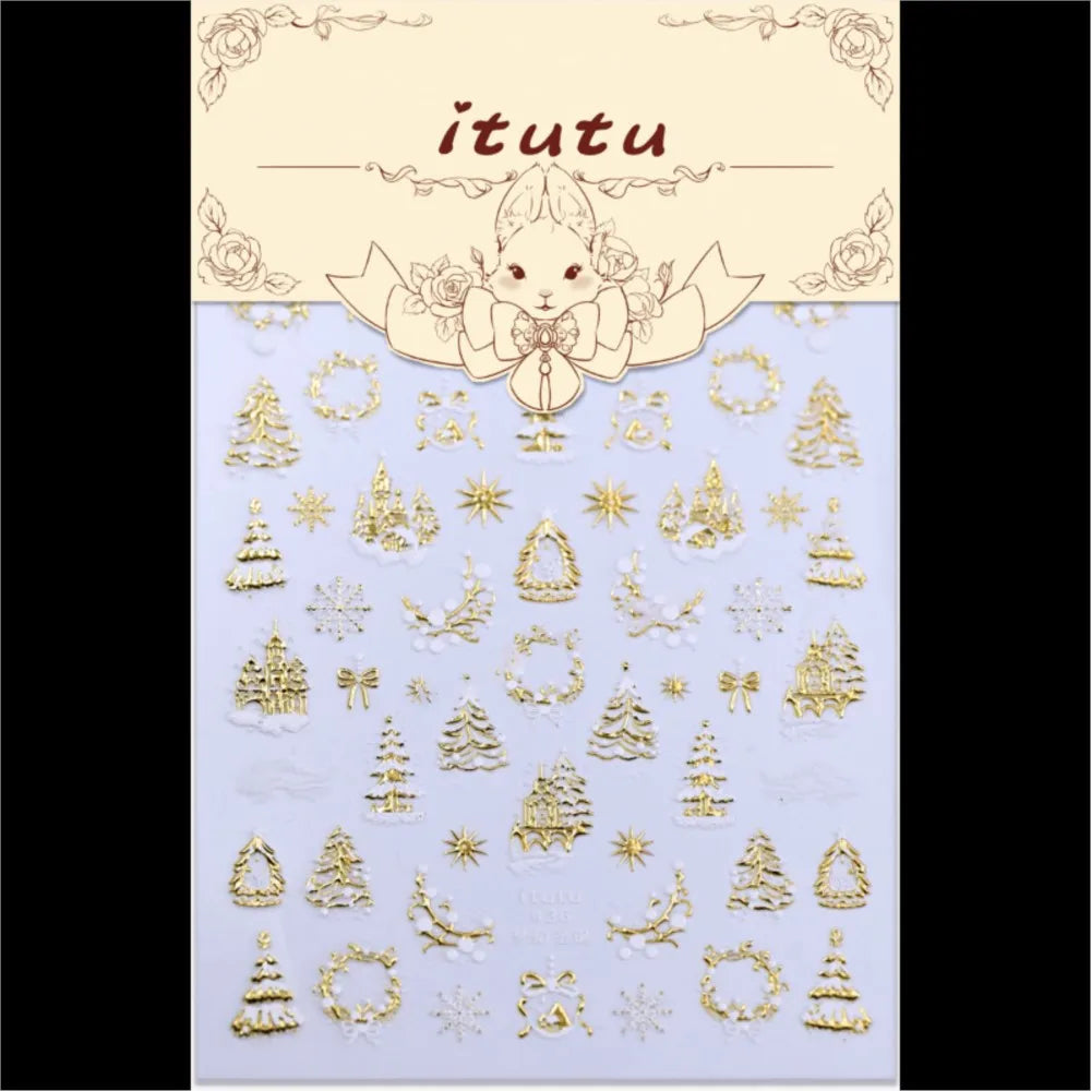 5D Embossed Gold Castle/Garland/Christmas Tree Nail Stickers White Snowflakes Bow Star Nail Decals Self-Adhesive Xmas Nail Decor