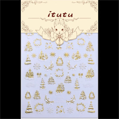 5D Embossed Gold Castle/Garland/Christmas Tree Nail Stickers White Snowflakes Bow Star Nail Decals Self-Adhesive Xmas Nail Decor