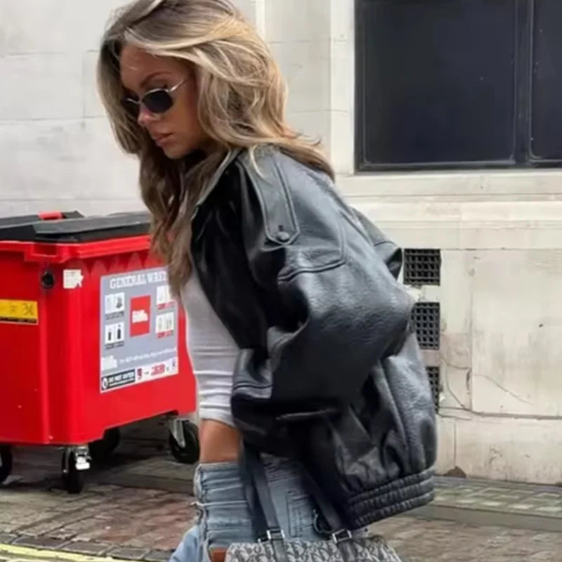 Women's Faux Leather Jacket 2025 New Fashion Autumn Black Long Sleeve Pebble Jacket Motorcycle Style Personality Ladies Jacket