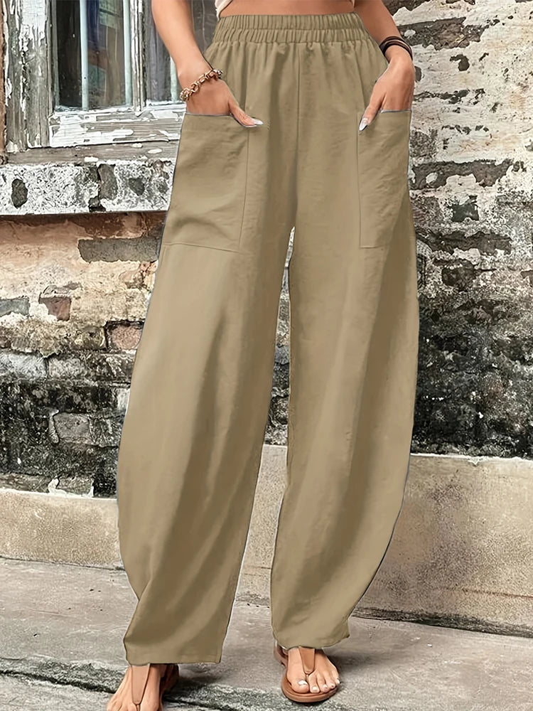 Plus Size Women's Cotton-Linen Harem Trousers Retro Loose-Fit Casual Trousers Elasticated Waistband Workwear Wide-Leg Trousers