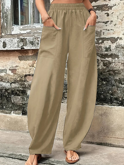Plus Size Women's Cotton-Linen Harem Trousers Retro Loose-Fit Casual Trousers Elasticated Waistband Workwear Wide-Leg Trousers