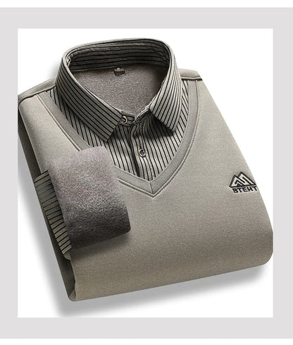 Men's Fleece Lined Sweater Polo Collar Pullover Tops Fashion Business Causal Pullovers Korean Slim Fit Thick Winter Clothes