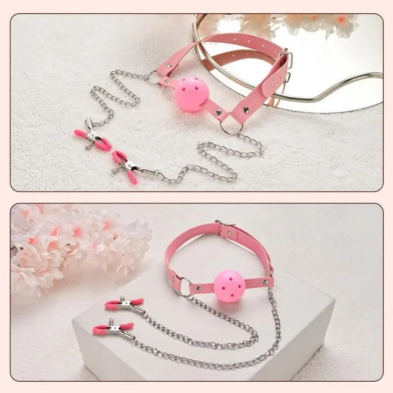 Erotic Toy PU Leather Mouth Gag Ball Oral Sex With Chain Clip Breast Nipple Clamps Bondage Harness Sex Toys Adult Games