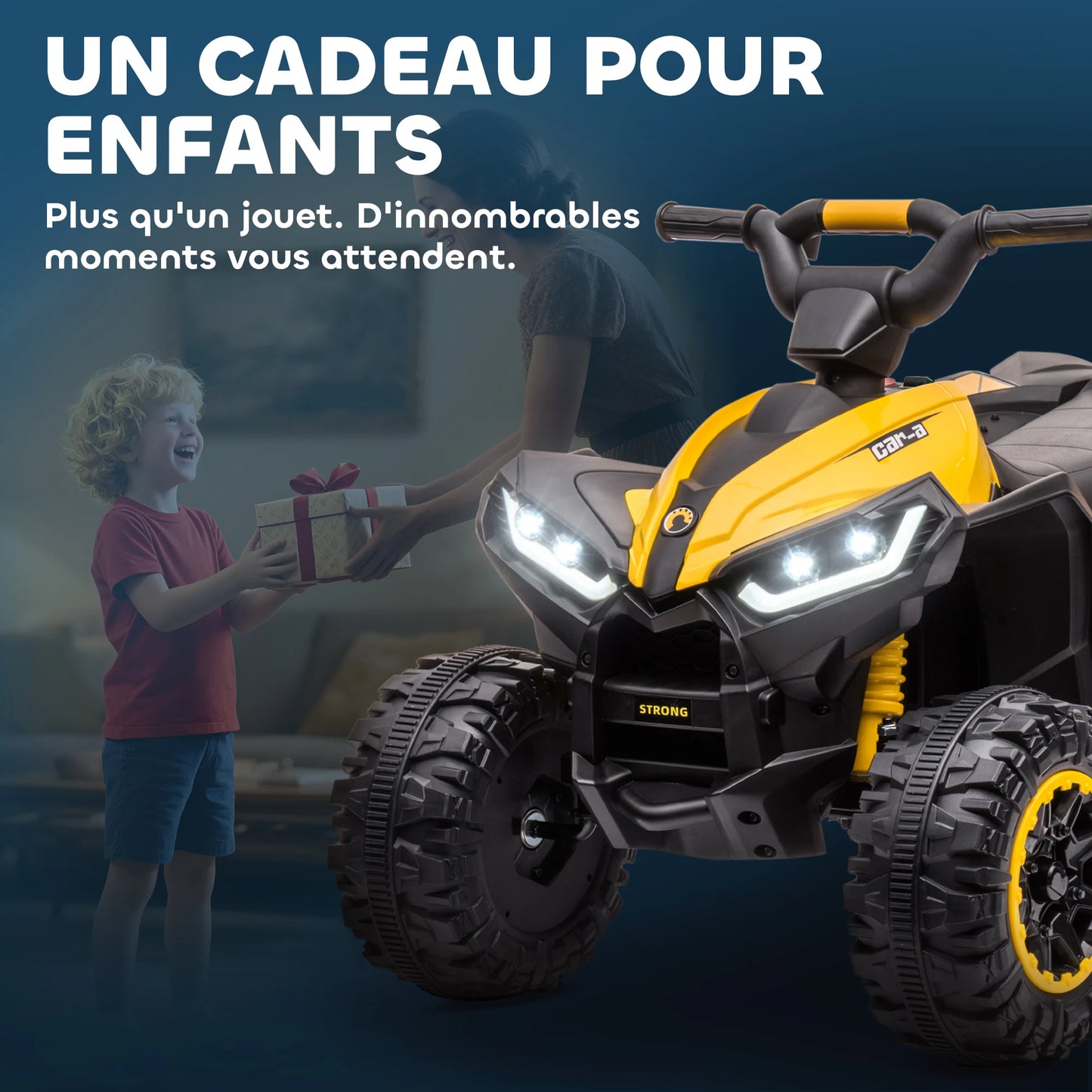 12 V electric quad for children, 2-motor electric car for kids with 2 speeds at 3–6 km/h, LED headlights and horn, suitable for 3–5 year-old children, ergonomic handle and seat, yellow