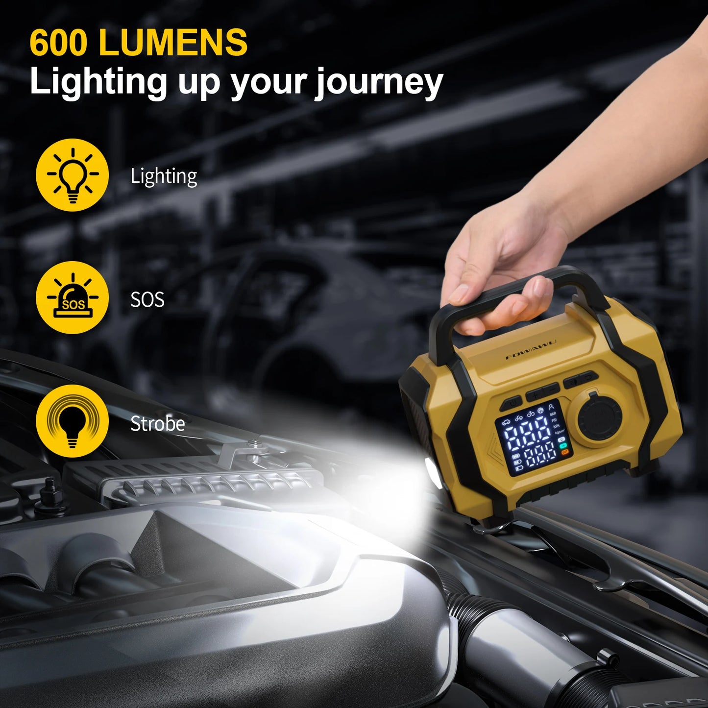 FOWAWU 6000A 26800mAh Jump Starter with Air Compressor,Car Battery Power Bank (ALL Gas/10.0L Diesel), Auto-Shutoff Tire Inflator