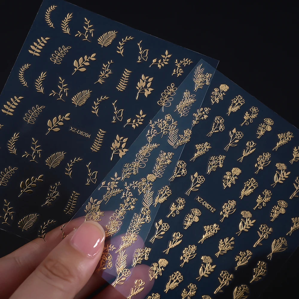 12Pcs 3D Gold Exquisite Flower Leaf Nail Art Stickers Metallic Floral Leaves Self-Adhesive Nail Decals DIY Retro Manicure Decor