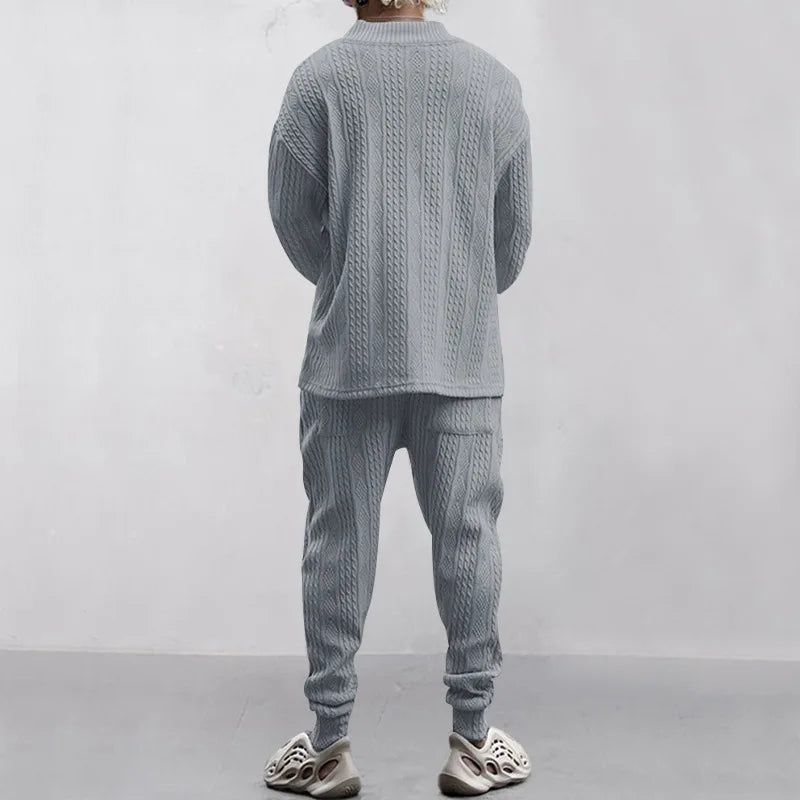 2025 Cross-border New Men's Casual Trousers V-Neck Versatile Jacquard Knitted Sweater Set