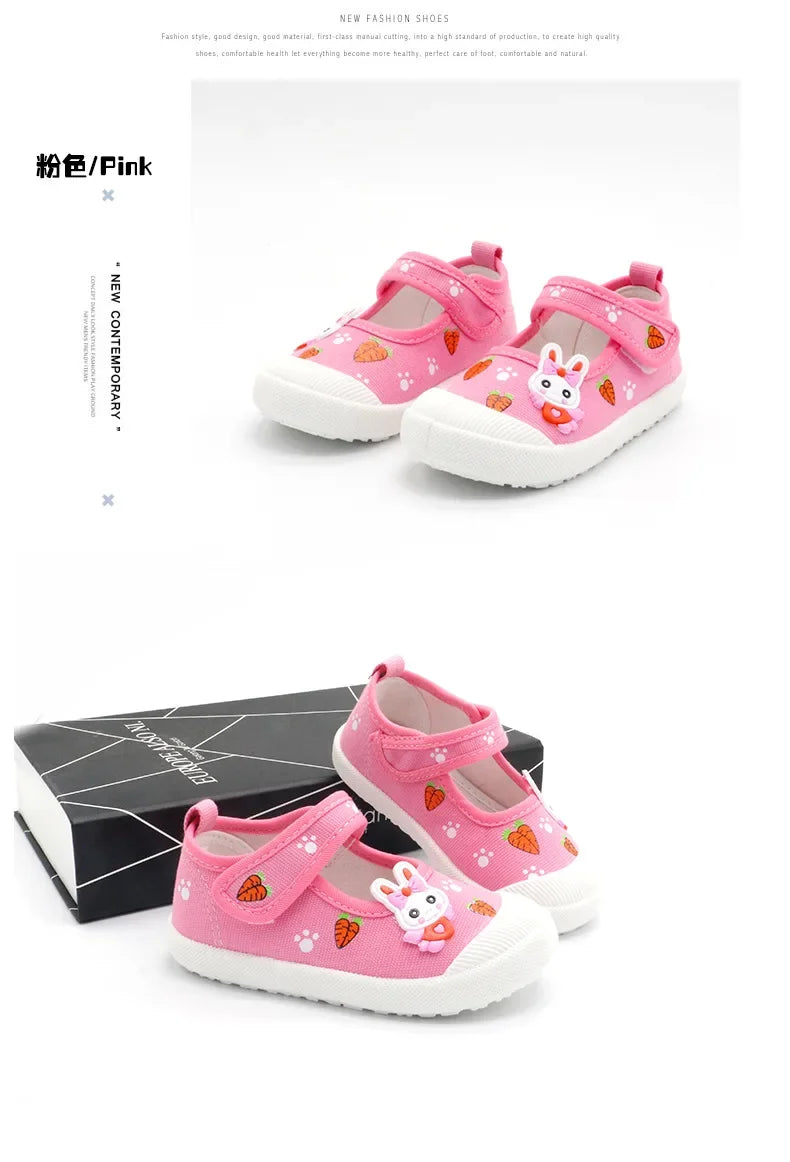 JGSHOWKITO Girls Canvas Shoes Soft Sports Shoes Kids Running Sneakers Candy  With Cartoon Rabbit Carrots Prints Children