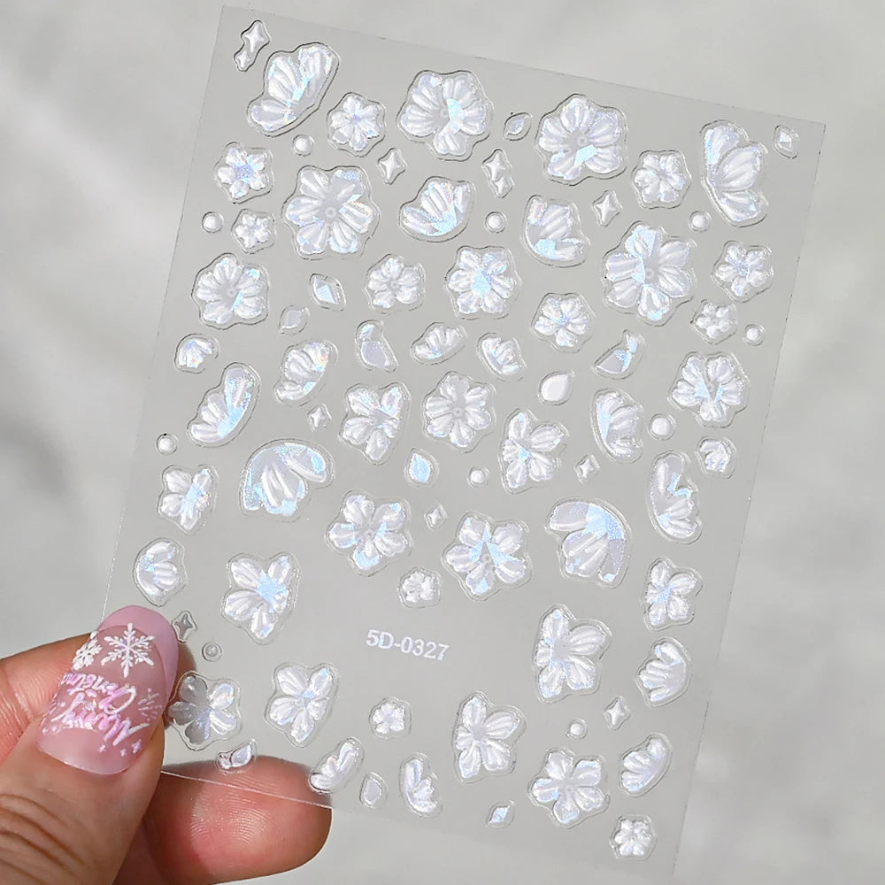 5D Hibiscus Flower Nail Embossed Sticker Acrylic Pink White Gold Petal Leaf Adhesive Decal Butterfly Dragon Floral Elegant Decor
