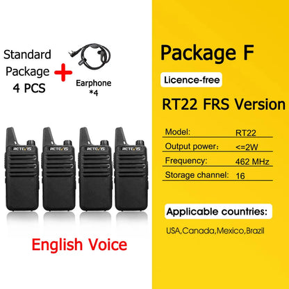 Retevis RT622 Mini Walkie Talkie 4 Pcs Walkie-talkies PMR446 FRS Portable Two Way Radio Communication Radio for Restaurant Hotel
