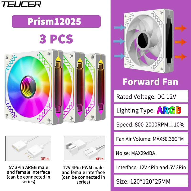 TEUCER Prism12025 PC Case Fan 120mm 5V 3Pin ARGB Cyclic Mirror Light Effect PWM 800 to 2000RPM Cooling Fan 3 Piece Set