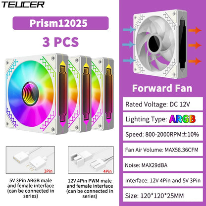 TEUCER Prism12025 PC Case Fan 120mm 5V 3Pin ARGB Cyclic Mirror Light Effect PWM 800 to 2000RPM Cooling Fan 3 Piece Set
